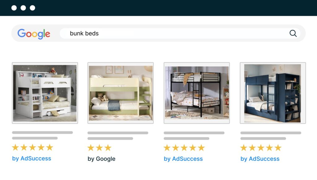 Google Ads shopping results for bunk beds from a kids furniture online retailer