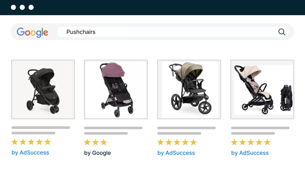 Google Ads shopping results for pushchairs from a baby and kids online retailer