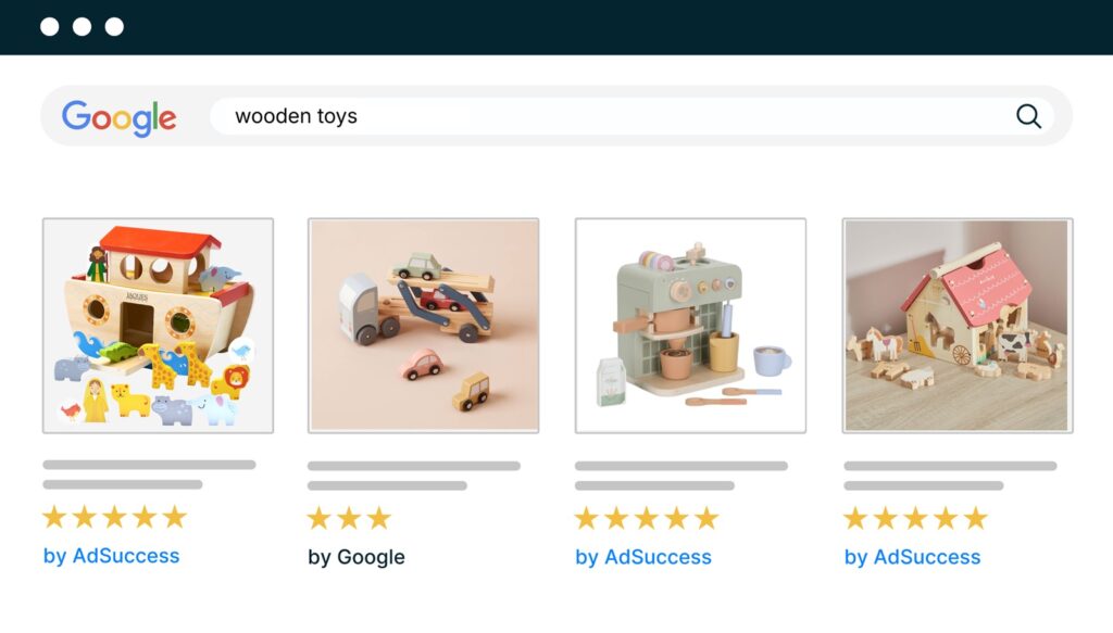 Google Ads search example for wooden toys sold by a children’s ecommerce retailer