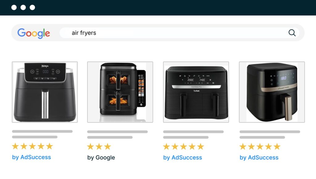 Google Ads shopping results for air fryers from an electricals ecommerce retailer
