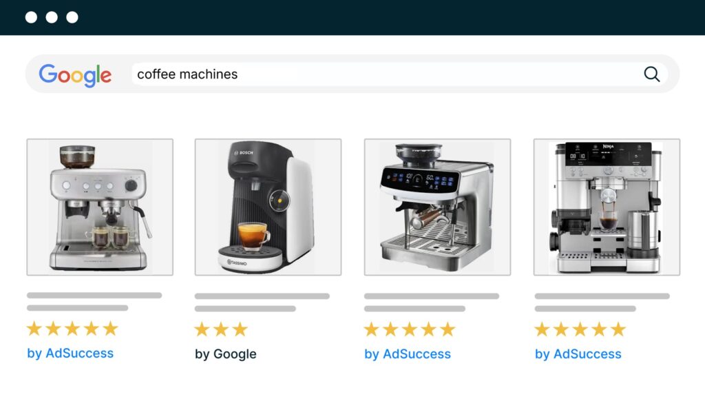 Google Ads shopping example for coffee machines from an ecommerce appliance retailer