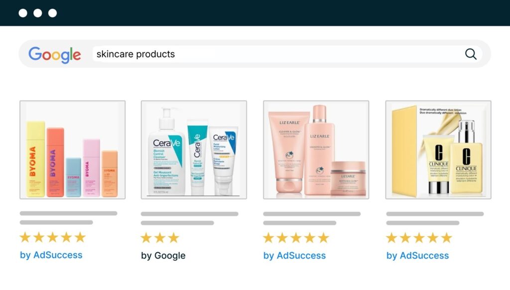 Google Ads shopping results for skincare products from a health and beauty ecommerce retailer