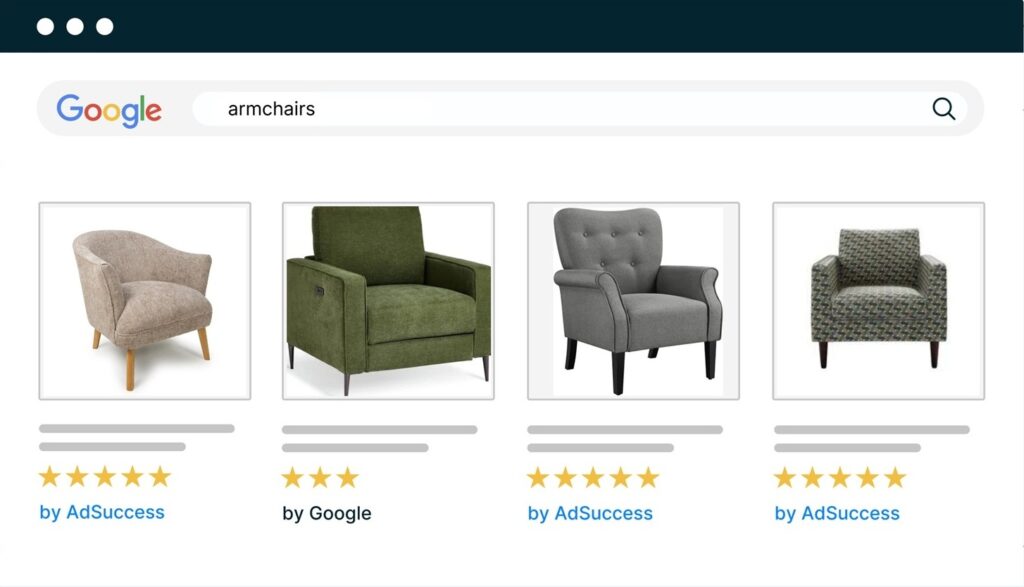 Google Ads shopping results for armchairs from a home and garden ecommerce retailer