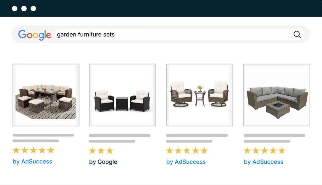 Google Ads search results for garden furniture sets from an online home retailer