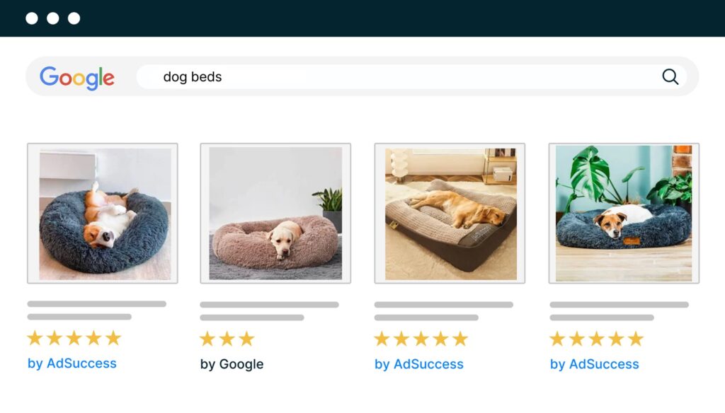 Google Ads shopping results for dog beds from a pet care ecommerce retailer