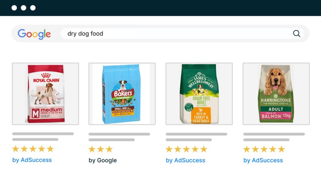 Google Ads shopping results for dry dog food from a pet food ecommerce retailer