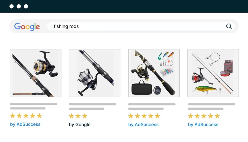 Google Ads search results for fishing rods from a sports and outdoors ecommerce retailer