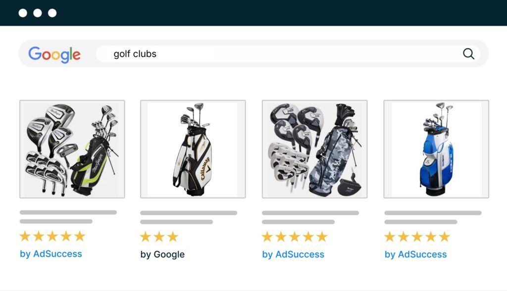 Google Ads shopping example for golf clubs sold by an online sports retailer
