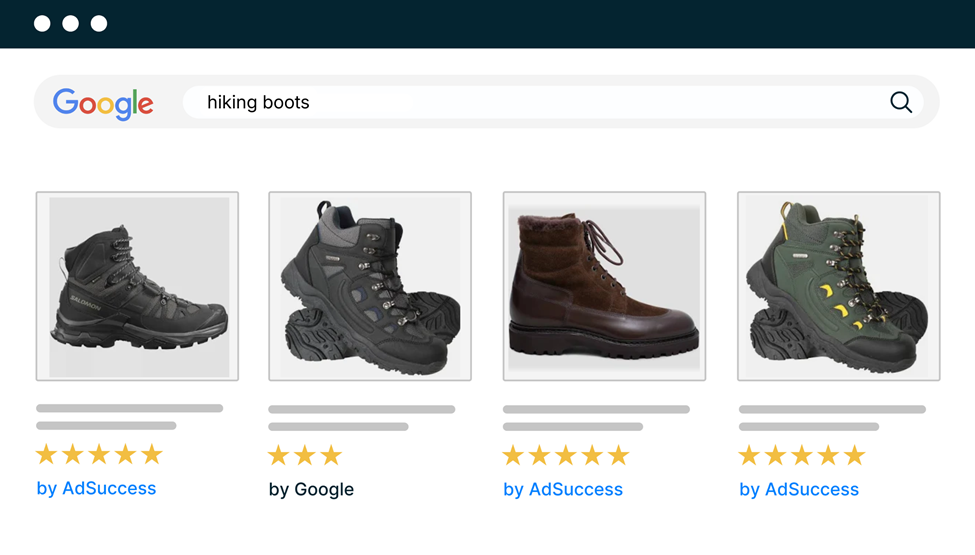 Google Ads search results for hiking boots from an outdoor ecommerce retailer