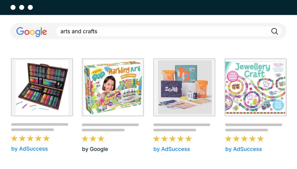 Google Ads shopping results for arts and crafts kits from a creative ecommerce retailer