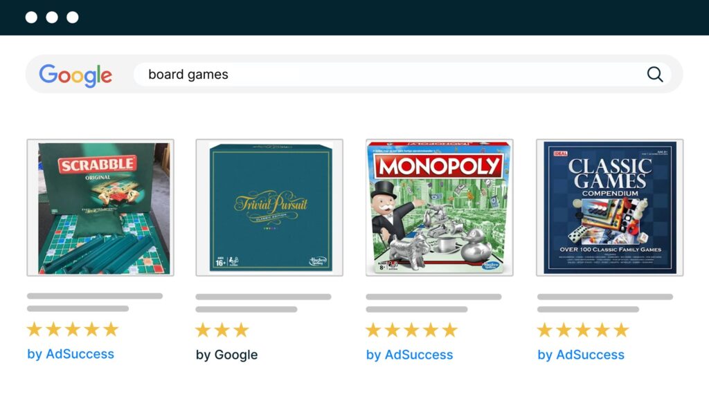 Google Ads shopping results for board games from a toys and games ecommerce retailer
