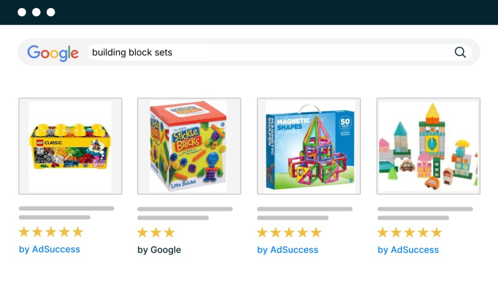 Google Ads search example for building block sets sold by an online toy retailer